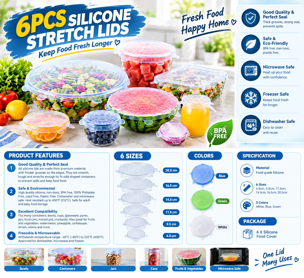 6 Pcs/Set Food Silicone Cover Universal